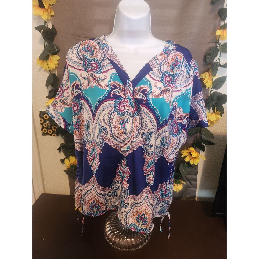 Chico’s Blouse Womens 2P Petite Paisley Scarf Print V-Neck Ruched Tie Top Blue